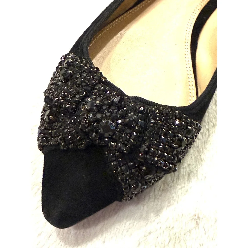 Tory Burch Vanessa Flat Soho Lux Suede Black Crystal Bow Pointed Toe Shoes 8.5